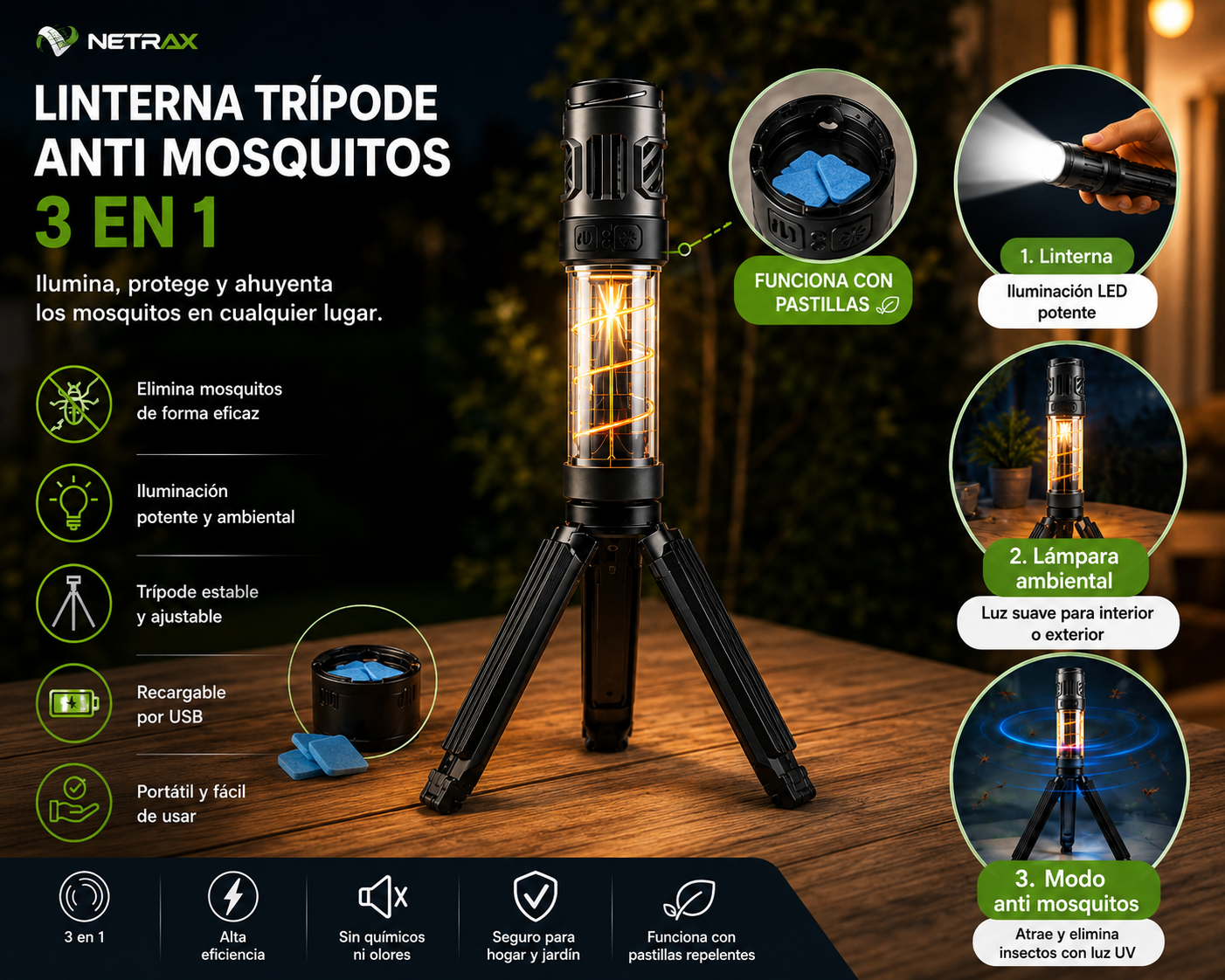 Linterna trípode antimosquitos 3 en 1 Netrax